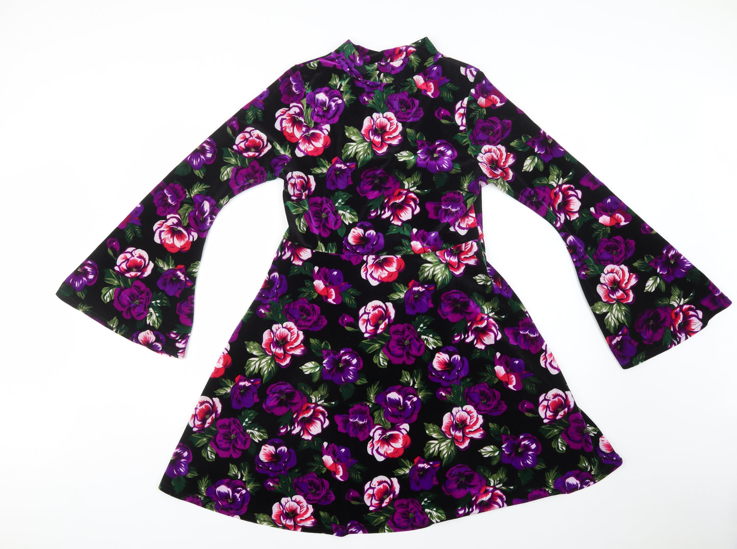 Boohoo Womens Black Floral Polyester Fit & Flare  Size 12  Mock Neck