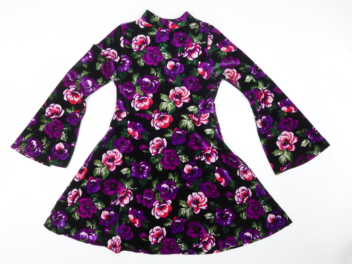 Boohoo Womens Black Floral Polyester Fit & Flare  Size 12  Mock Neck