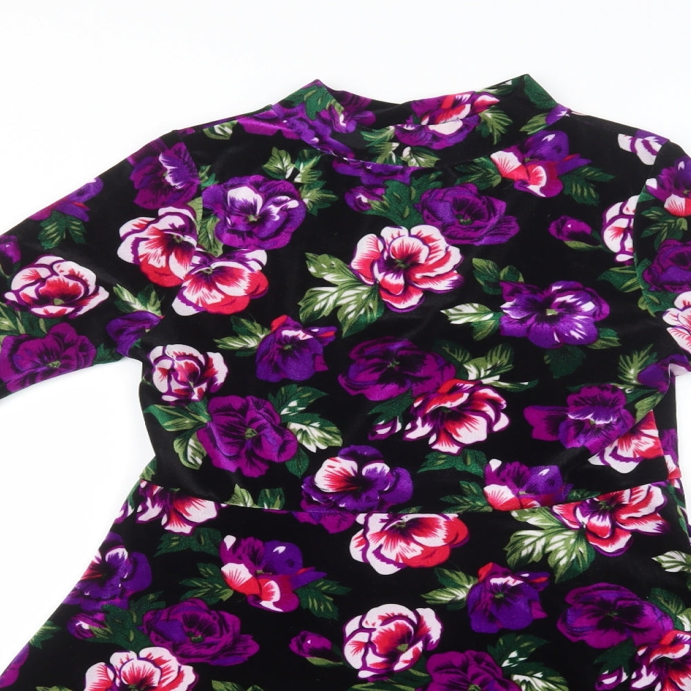 Boohoo Womens Black Floral Polyester Fit & Flare  Size 12  Mock Neck