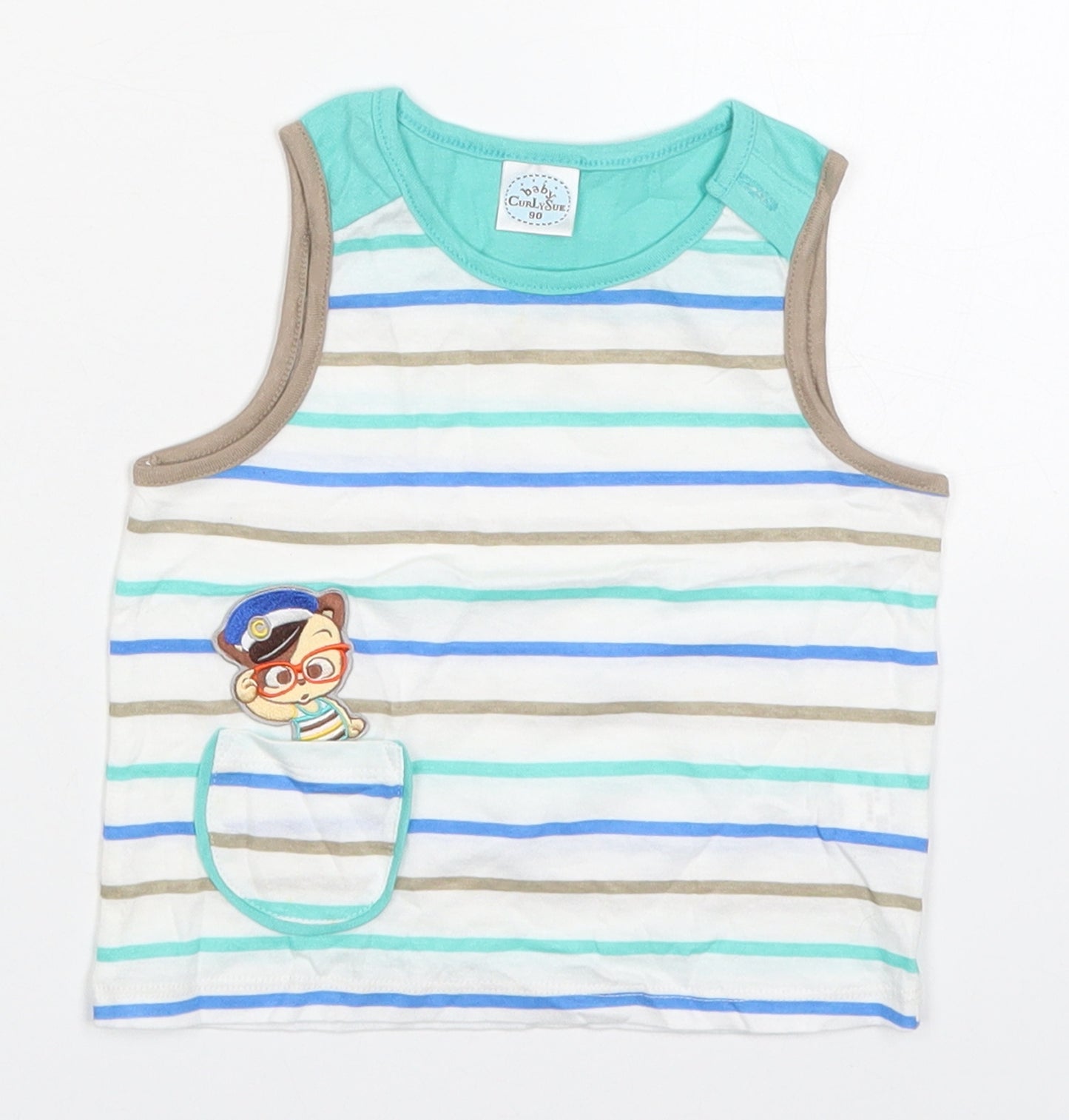Curly Sue Boys Blue Striped Cotton Basic Tank Size 2-3 Years Round Neck Pullover - Bear