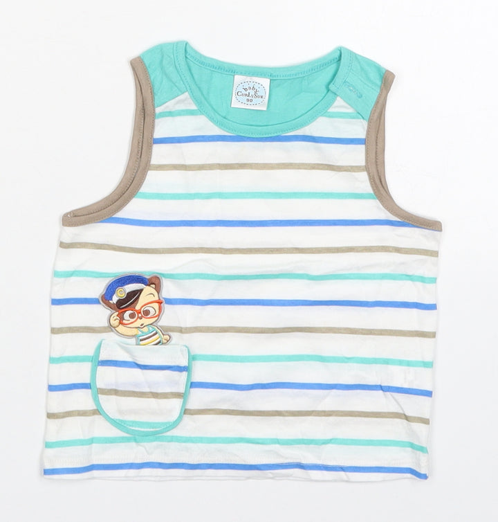 Curly Sue Boys Blue Striped Cotton Basic Tank Size 2-3 Years Round Neck Pullover - Bear