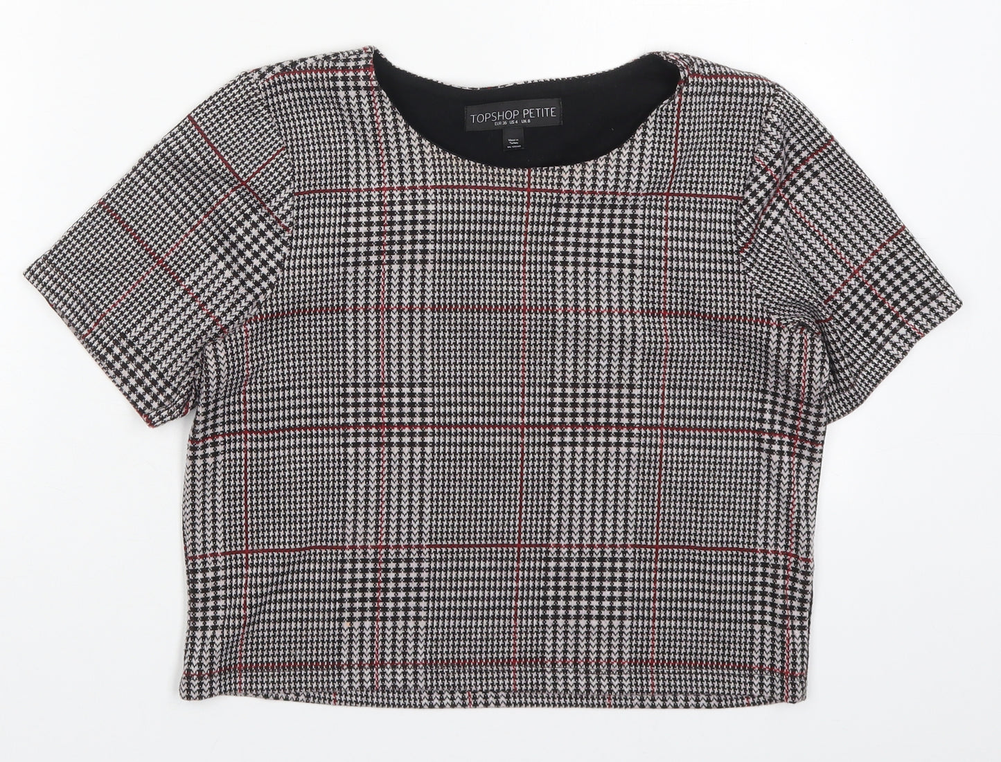 Topshop Womens Black Houndstooth Polyester Cropped T-Shirt Size 8 Round Neck