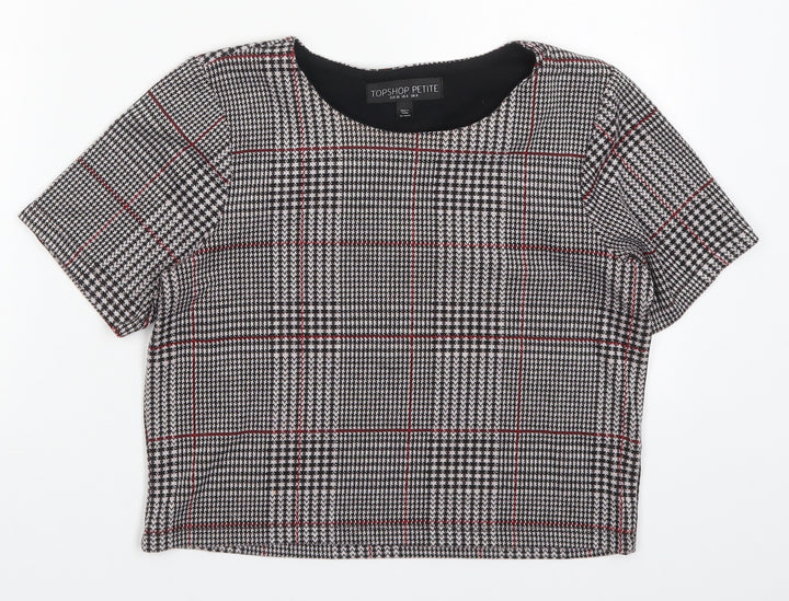 Topshop Womens Black Houndstooth Polyester Cropped T-Shirt Size 8 Round Neck