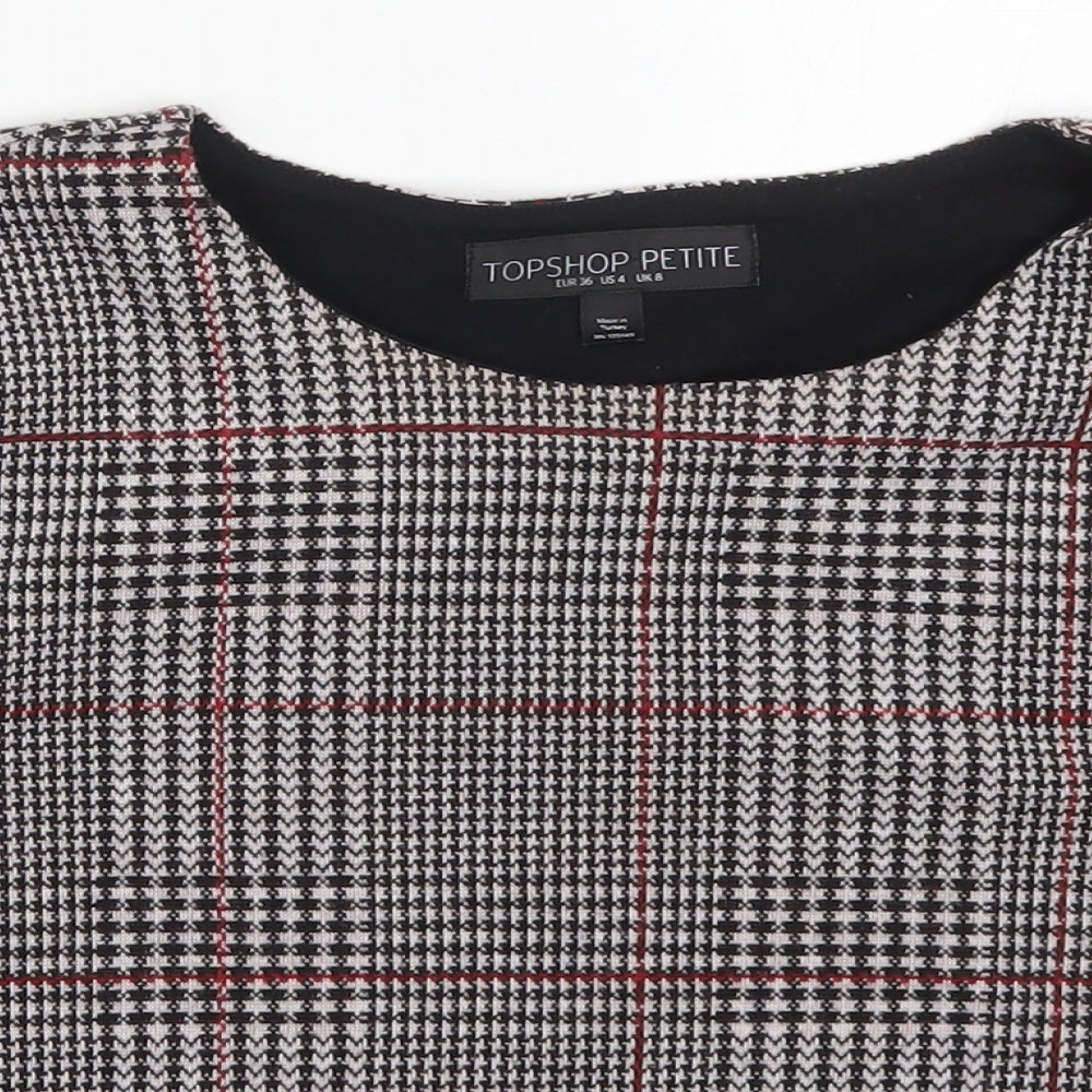 Topshop Womens Black Houndstooth Polyester Cropped T-Shirt Size 8 Round Neck