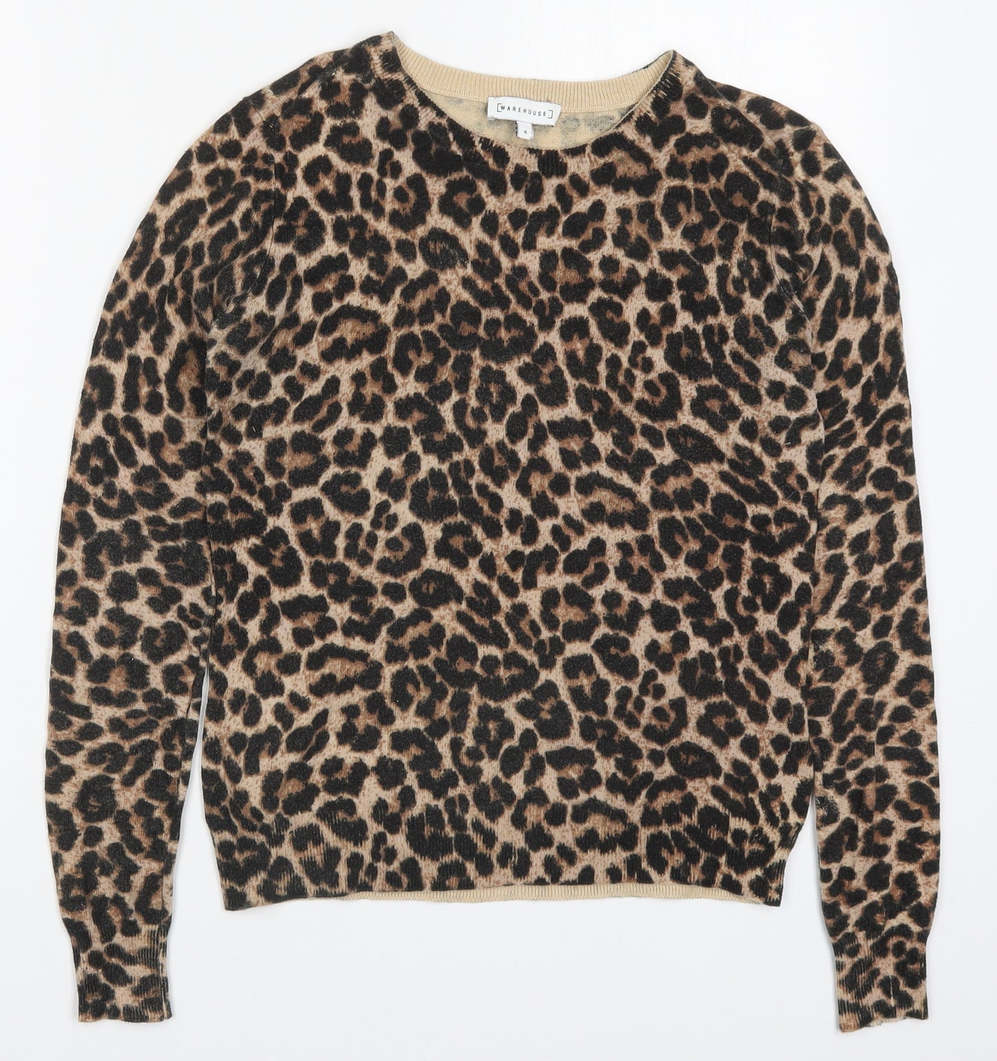 Warehouse Womens Brown Round Neck Animal Print Cotton Pullover Jumper Size 8