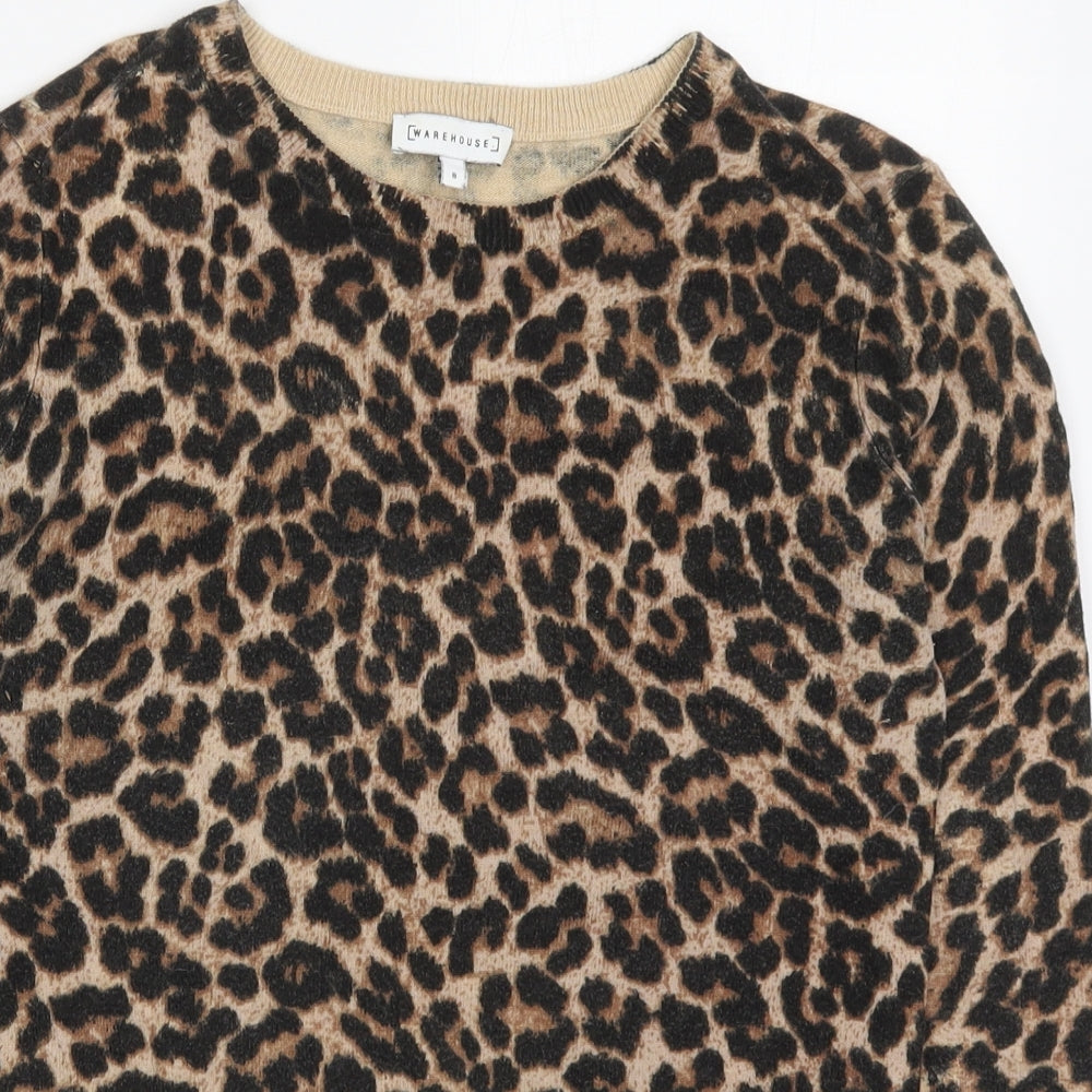 Warehouse Womens Brown Round Neck Animal Print Cotton Pullover Jumper Size 8