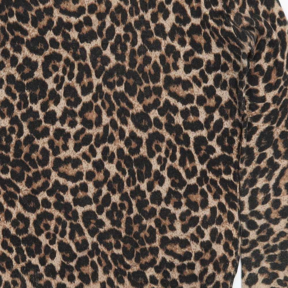 Warehouse Womens Brown Round Neck Animal Print Cotton Pullover Jumper Size 8