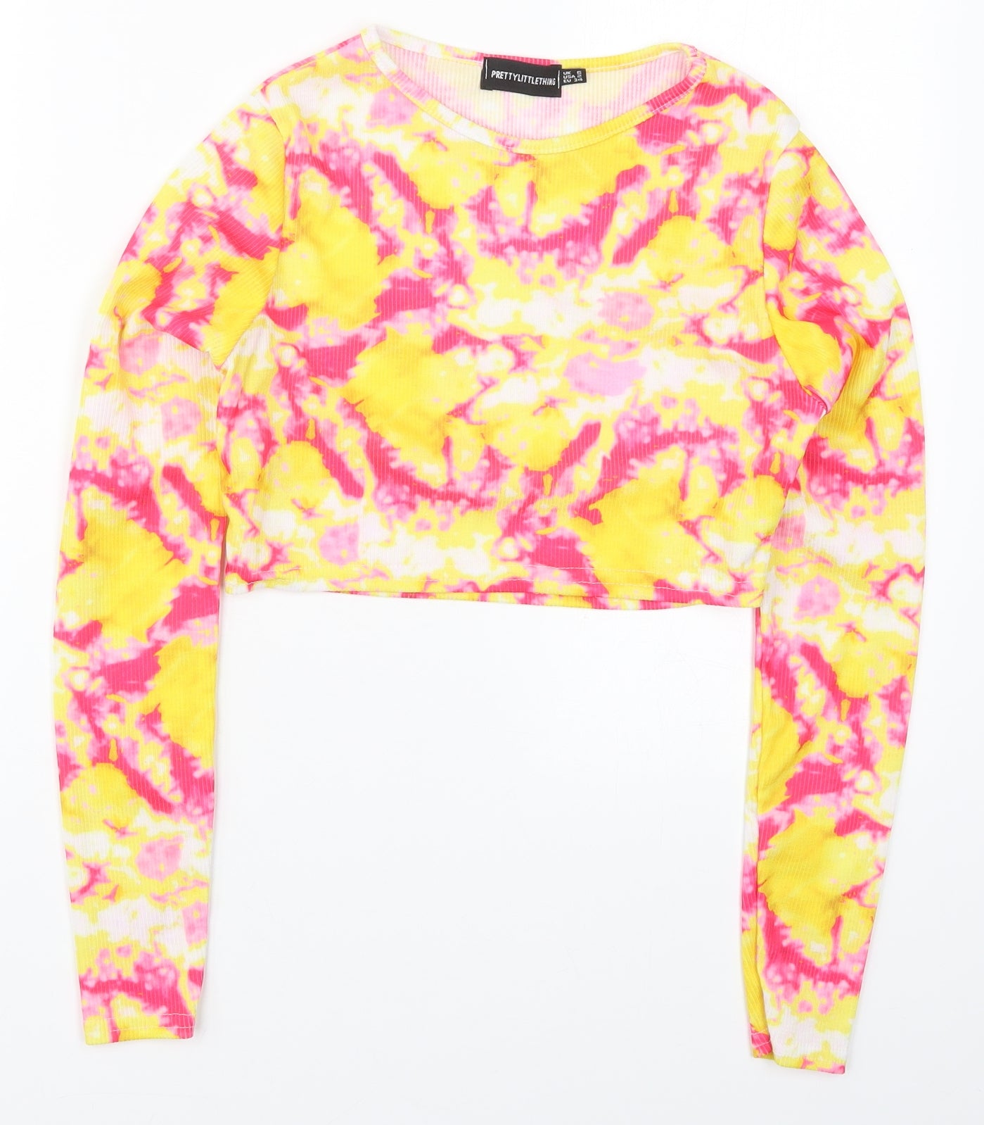 PRETTYLITTLETHING Womens Pink  Polyester Cropped T-Shirt Size 6 Crew Neck - Yellow Abstract