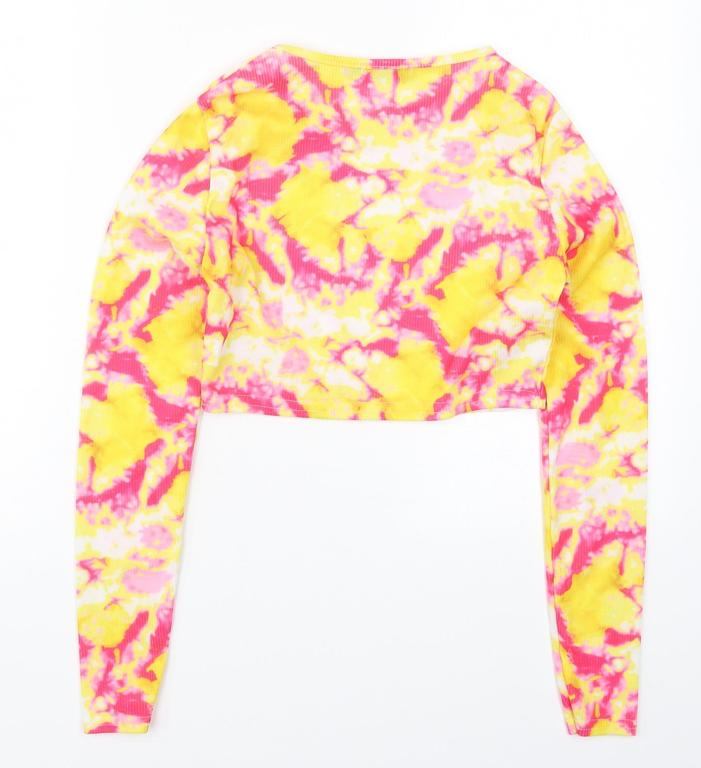 PRETTYLITTLETHING Womens Pink  Polyester Cropped T-Shirt Size 6 Crew Neck - Yellow Abstract