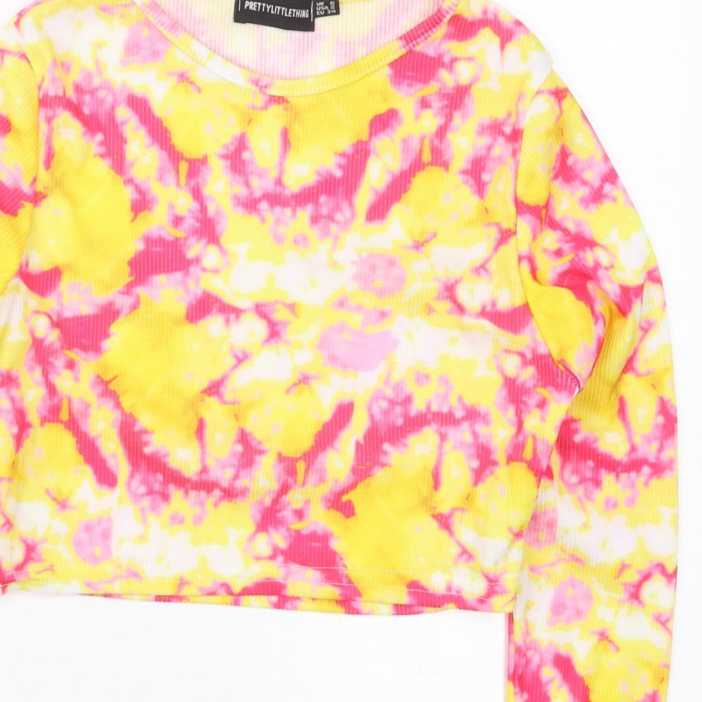 PRETTYLITTLETHING Womens Pink  Polyester Cropped T-Shirt Size 6 Crew Neck - Yellow Abstract