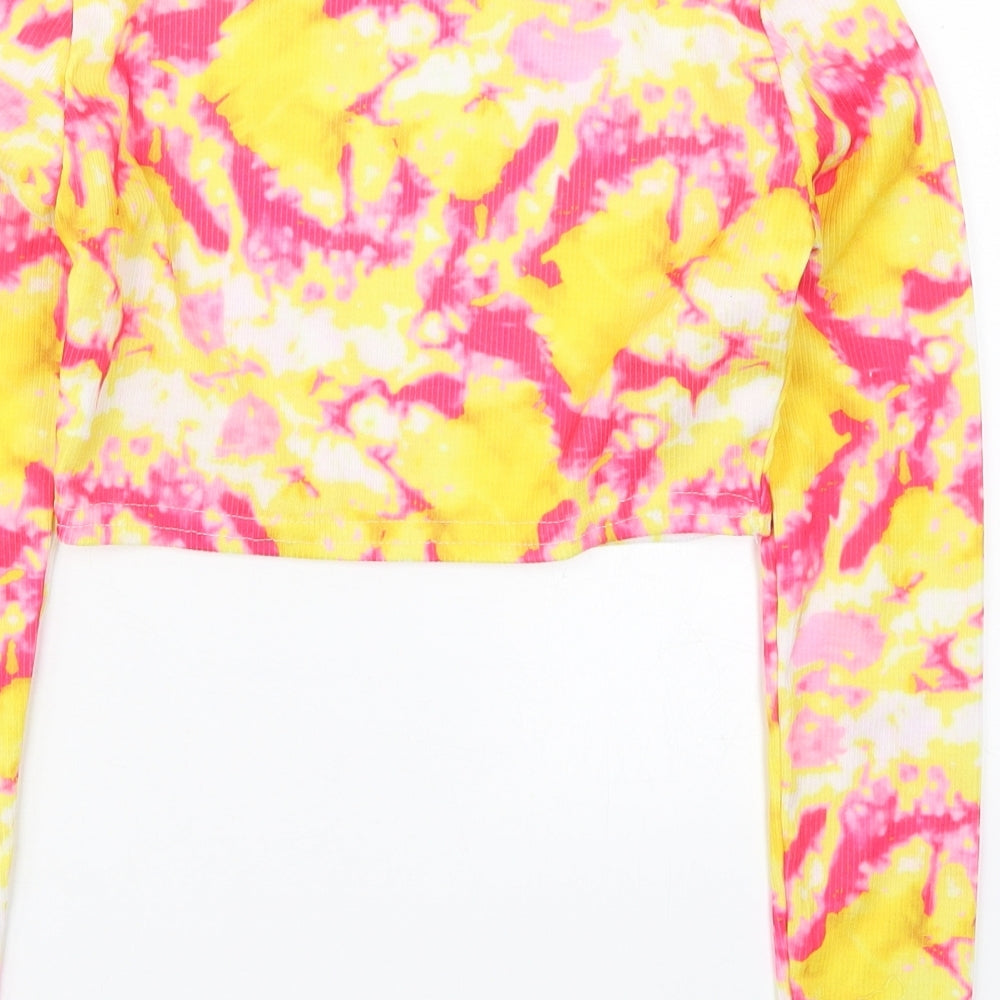 PRETTYLITTLETHING Womens Pink  Polyester Cropped T-Shirt Size 6 Crew Neck - Yellow Abstract