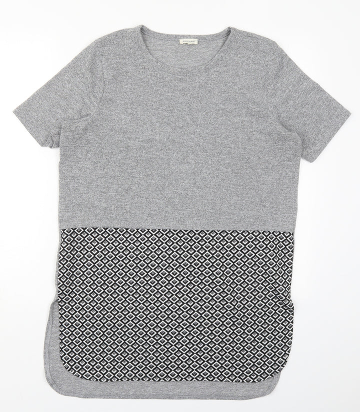 River Island Womens Grey Geometric Viscose Basic T-Shirt Size 10 Round Neck