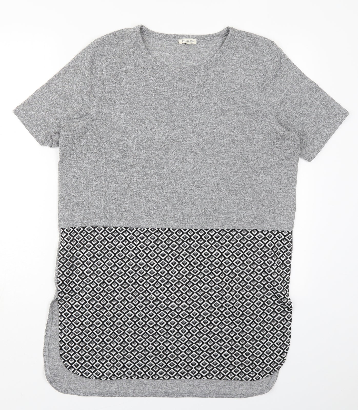 River Island Womens Grey Geometric Viscose Basic T-Shirt Size 10 Round Neck