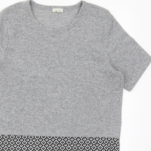 River Island Womens Grey Geometric Viscose Basic T-Shirt Size 10 Round Neck