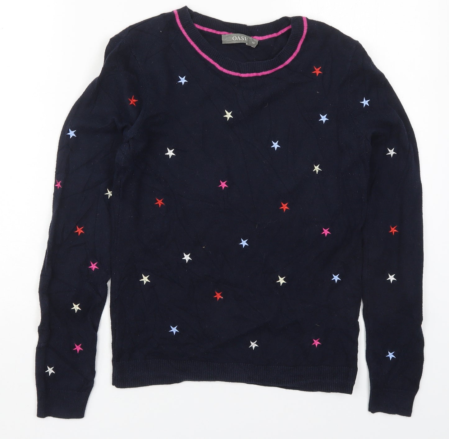 Oasis Womens Blue Round Neck Geometric Cotton Pullover Jumper Size XS   - Stars