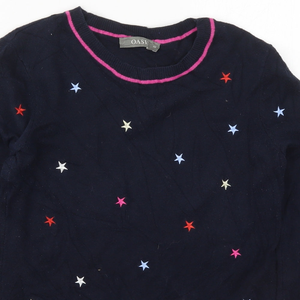 Oasis Womens Blue Round Neck Geometric Cotton Pullover Jumper Size XS   - Stars