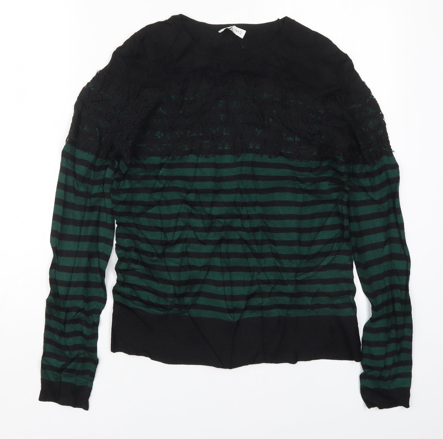 Warehouse Womens Green Round Neck Striped Viscose Pullover Jumper Size 10