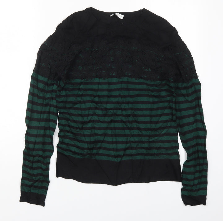 Warehouse Womens Green Round Neck Striped Viscose Pullover Jumper Size 10
