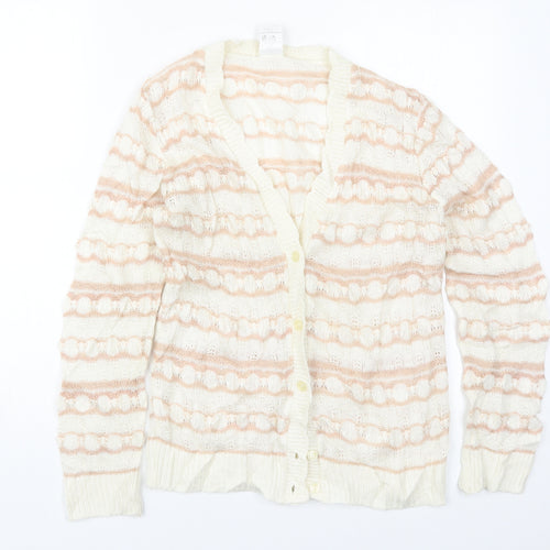 Keynote Womens Beige V-Neck Striped Acrylic Cardigan Jumper Size 12