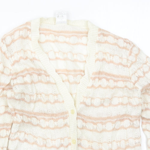 Keynote Womens Beige V-Neck Striped Acrylic Cardigan Jumper Size 12