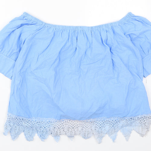 Fashion Womens Blue  Cotton Basic Blouse Size 2XL Off the Shoulder