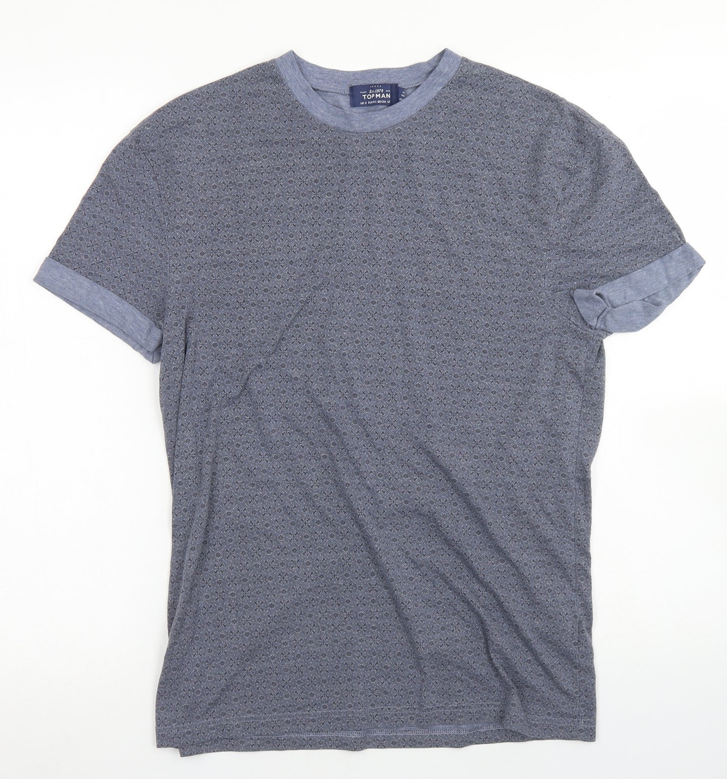 Topman Mens Blue Floral Polyester  T-Shirt Size S Crew Neck