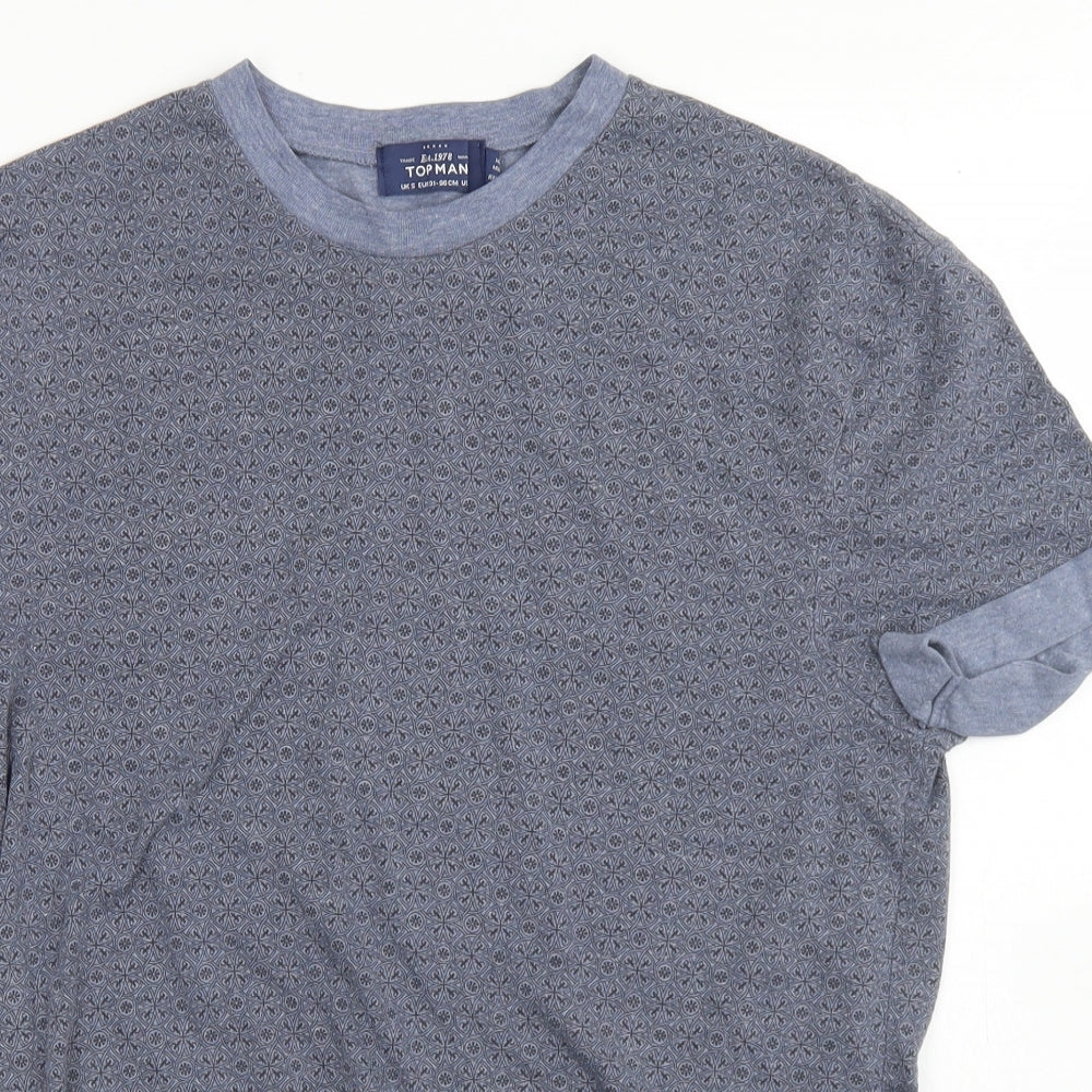 Topman Mens Blue Floral Polyester  T-Shirt Size S Crew Neck