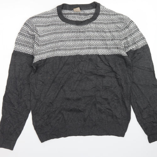 Oak Valley Mens Grey Crew Neck Fair Isle Acrylic Pullover Jumper Size M