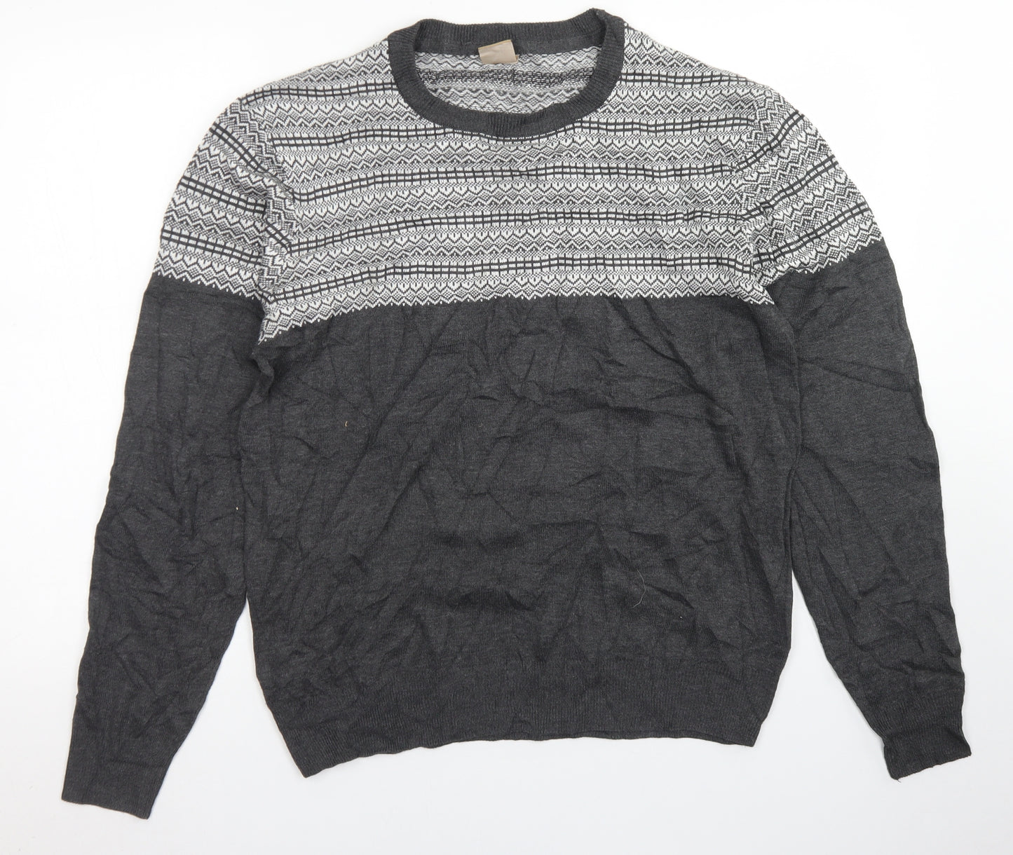 Oak Valley Mens Grey Crew Neck Fair Isle Acrylic Pullover Jumper Size M