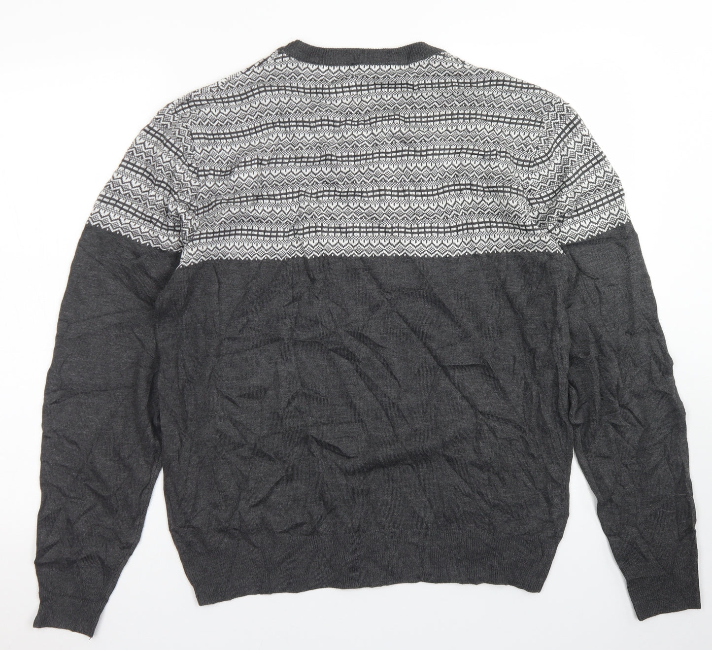 Oak Valley Mens Grey Crew Neck Fair Isle Acrylic Pullover Jumper Size M