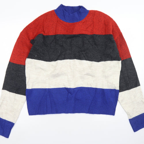 Find Womens Blue Crew Neck Striped Acrylic Pullover Jumper Size XL   - Cropped