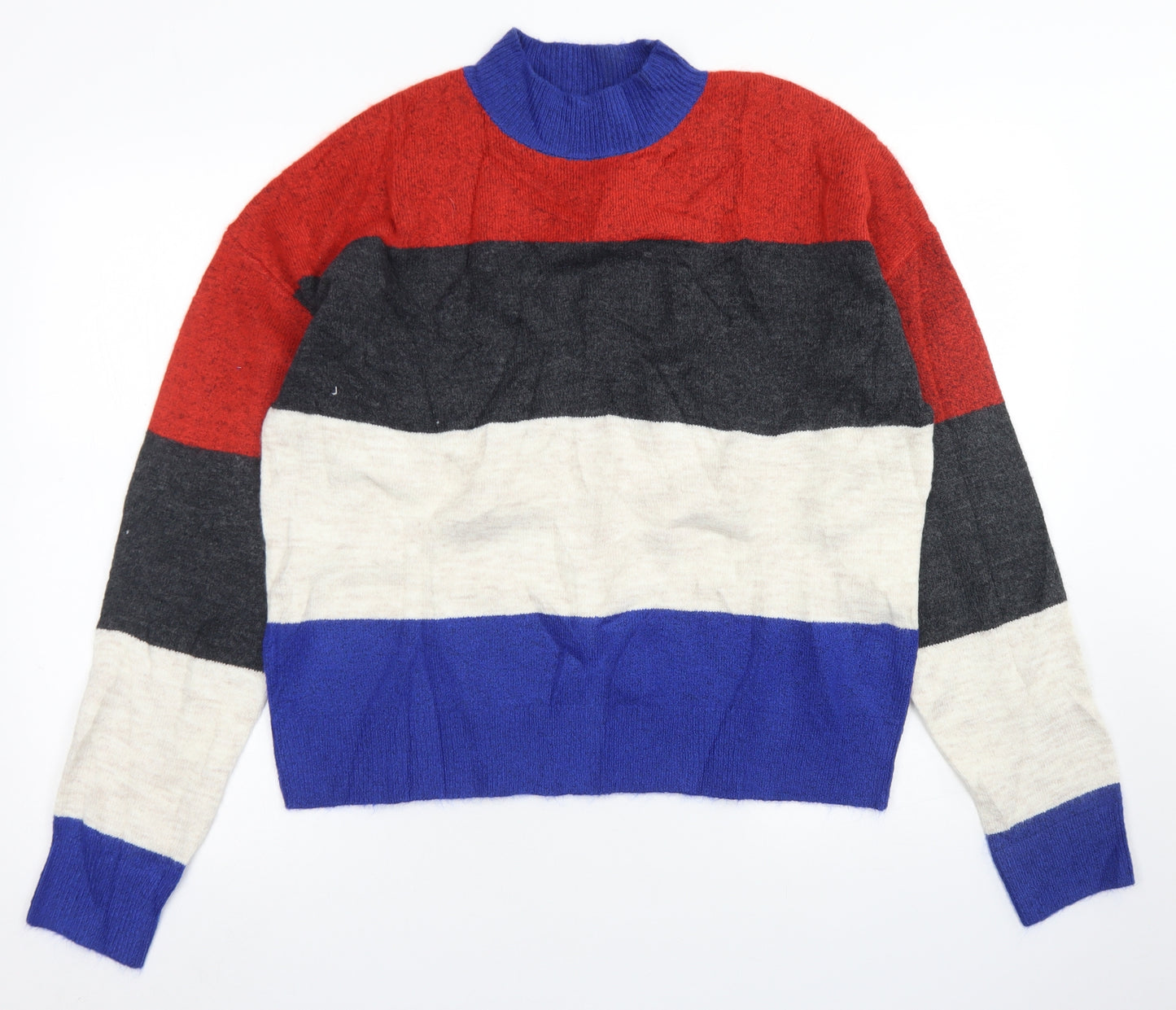 Find Womens Blue Crew Neck Striped Acrylic Pullover Jumper Size XL   - Cropped
