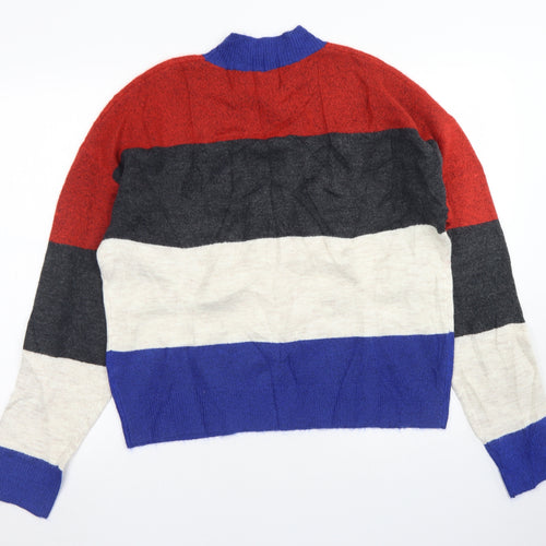 Find Womens Blue Crew Neck Striped Acrylic Pullover Jumper Size XL   - Cropped