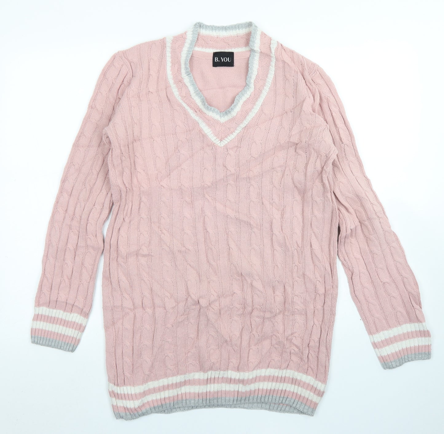 B. YOU Womens Pink V-Neck  Acrylic Pullover Jumper Size 8   - longline