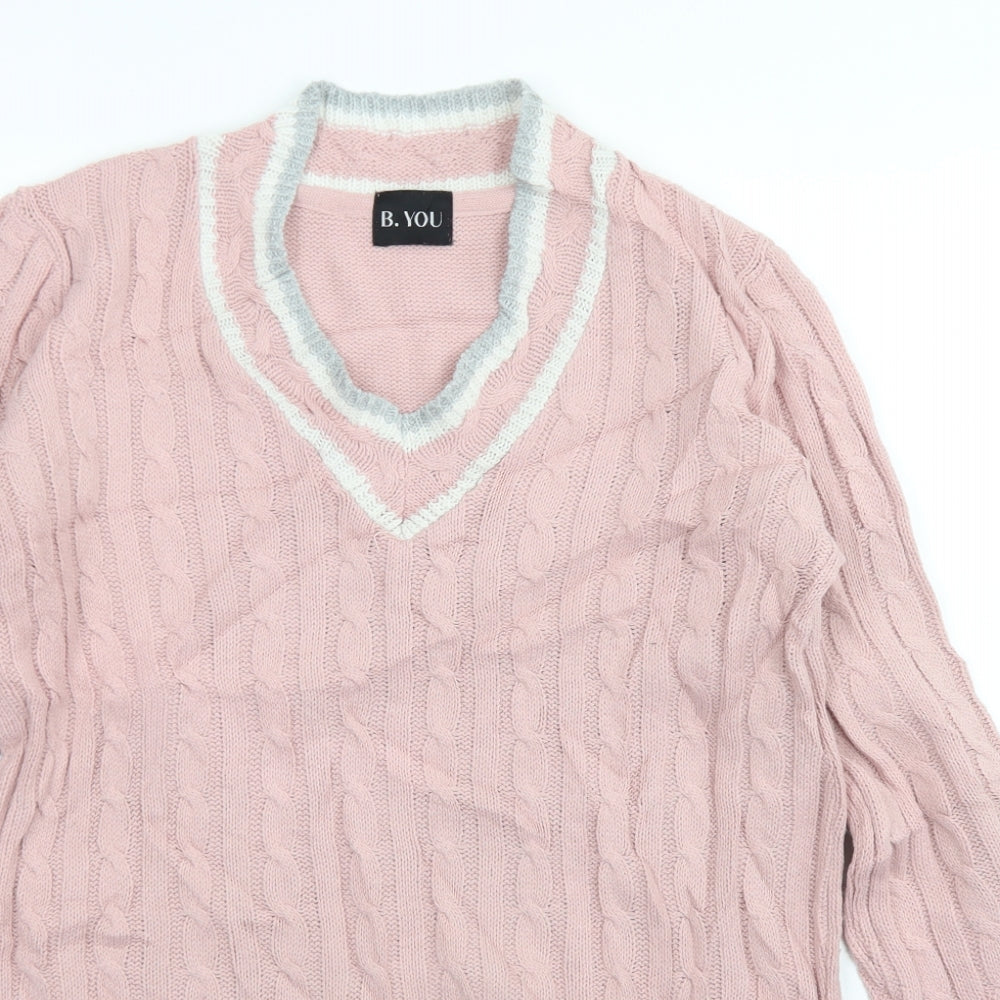 B. YOU Womens Pink V-Neck  Acrylic Pullover Jumper Size 8   - longline