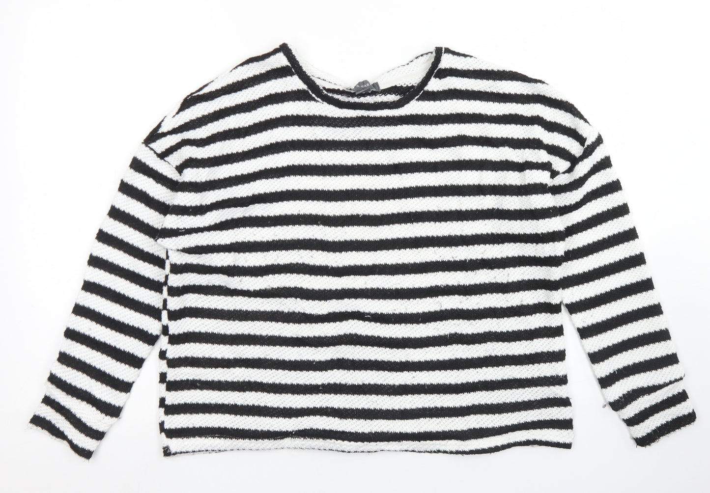 Primark Womens White Crew Neck Striped Polyester Pullover Jumper Size M   - Cropped