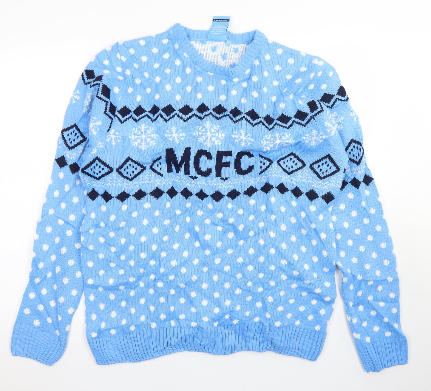 Manchester City FC Mens Blue Crew Neck Polka Dot Acrylic Pullover Jumper Size XL   - Christmas Jumper
