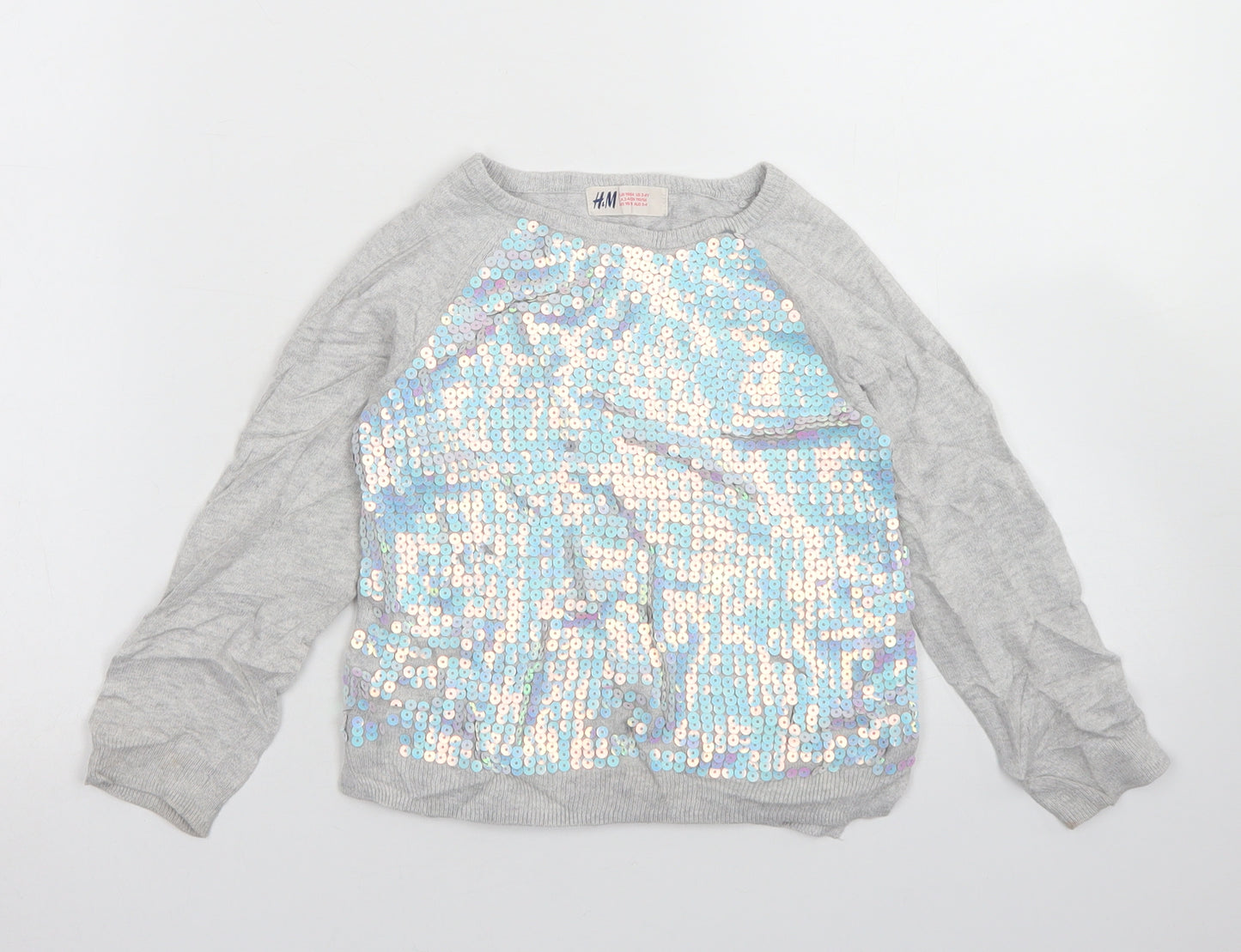 H&M Girls Grey Crew Neck  Cotton Pullover Jumper Size 3-4 Years