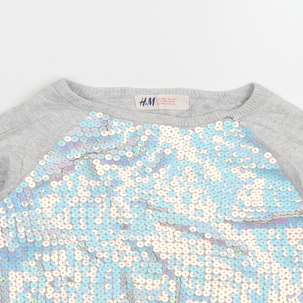 H&M Girls Grey Crew Neck  Cotton Pullover Jumper Size 3-4 Years