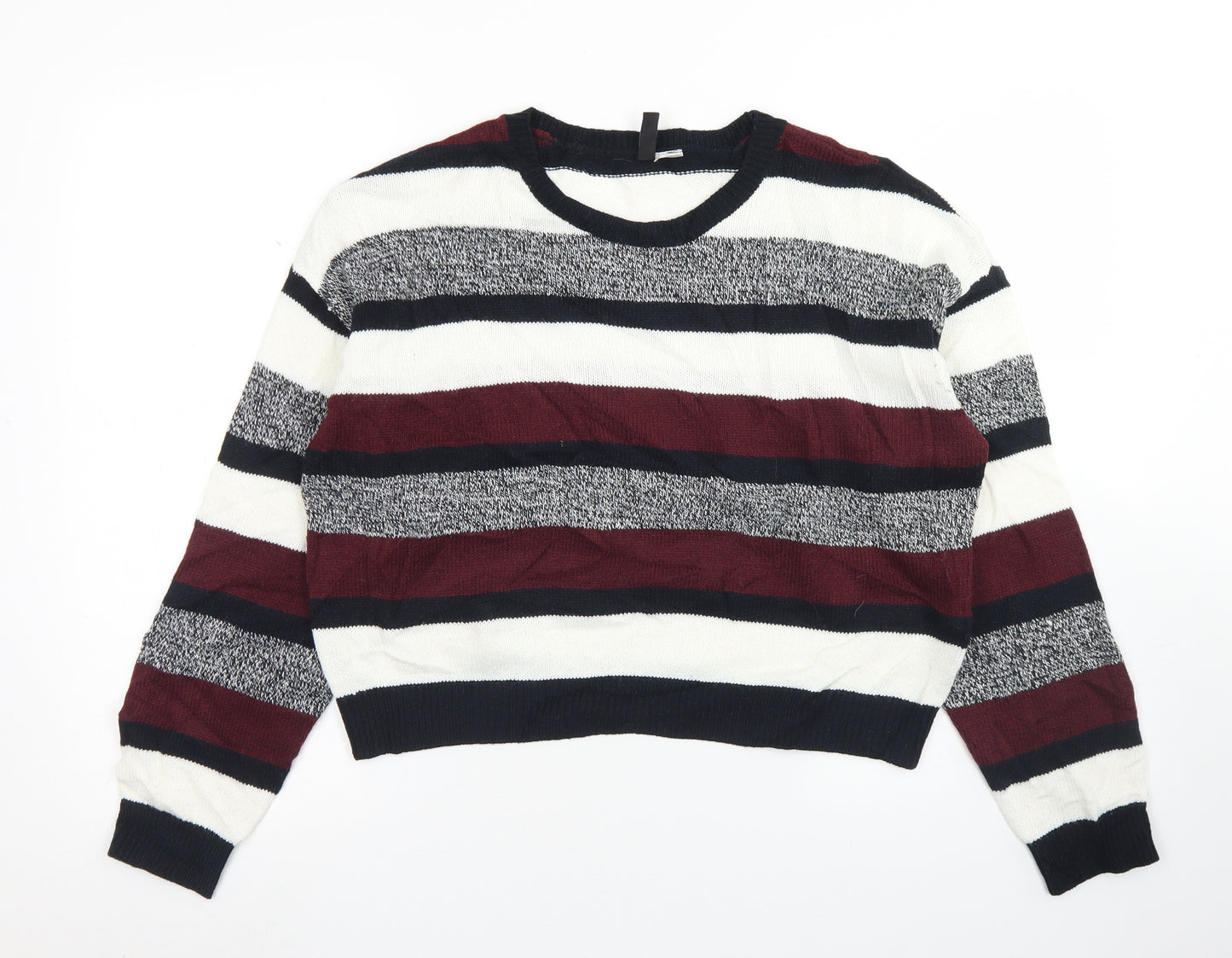 Divided Womens Grey Round Neck Striped Acrylic Pullover Jumper Size M   - Cropped