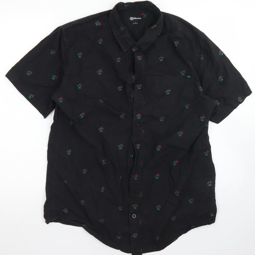 Moah Mens Black Floral Cotton  Button-Up Size L Collared Button