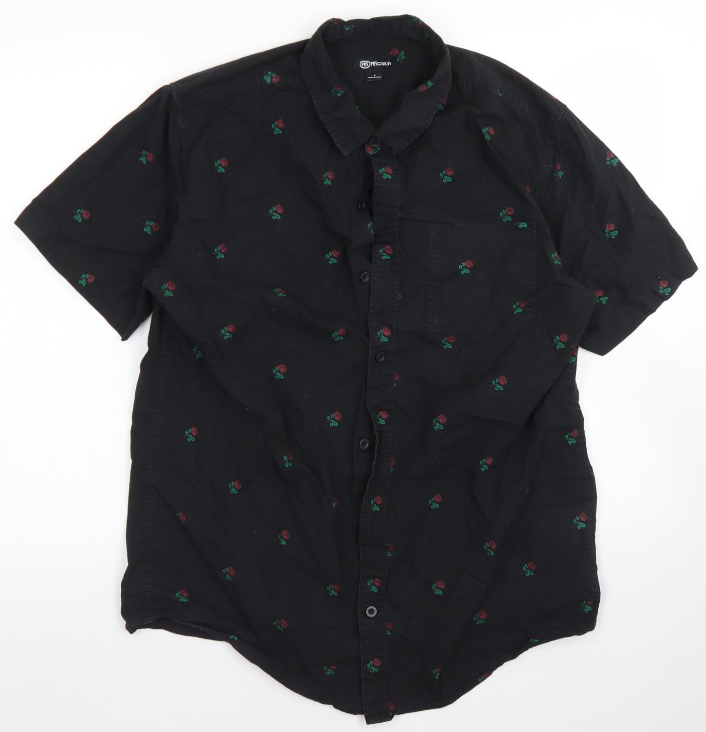 Moah Mens Black Floral Cotton  Button-Up Size L Collared Button