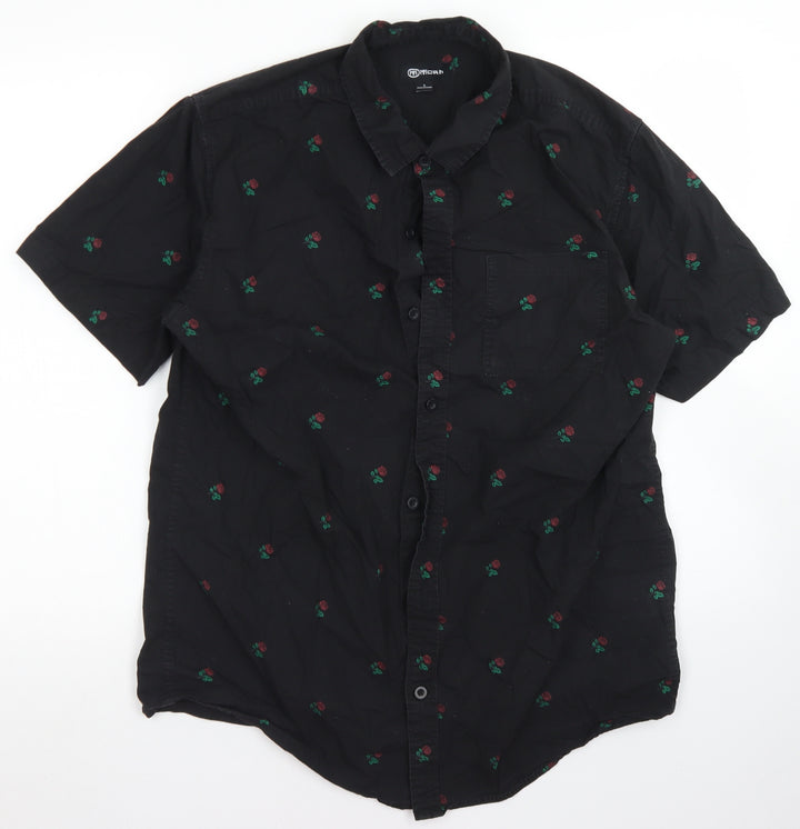 Moah Mens Black Floral Cotton  Button-Up Size L Collared Button