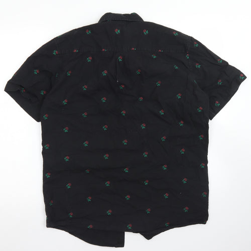Moah Mens Black Floral Cotton  Button-Up Size L Collared Button