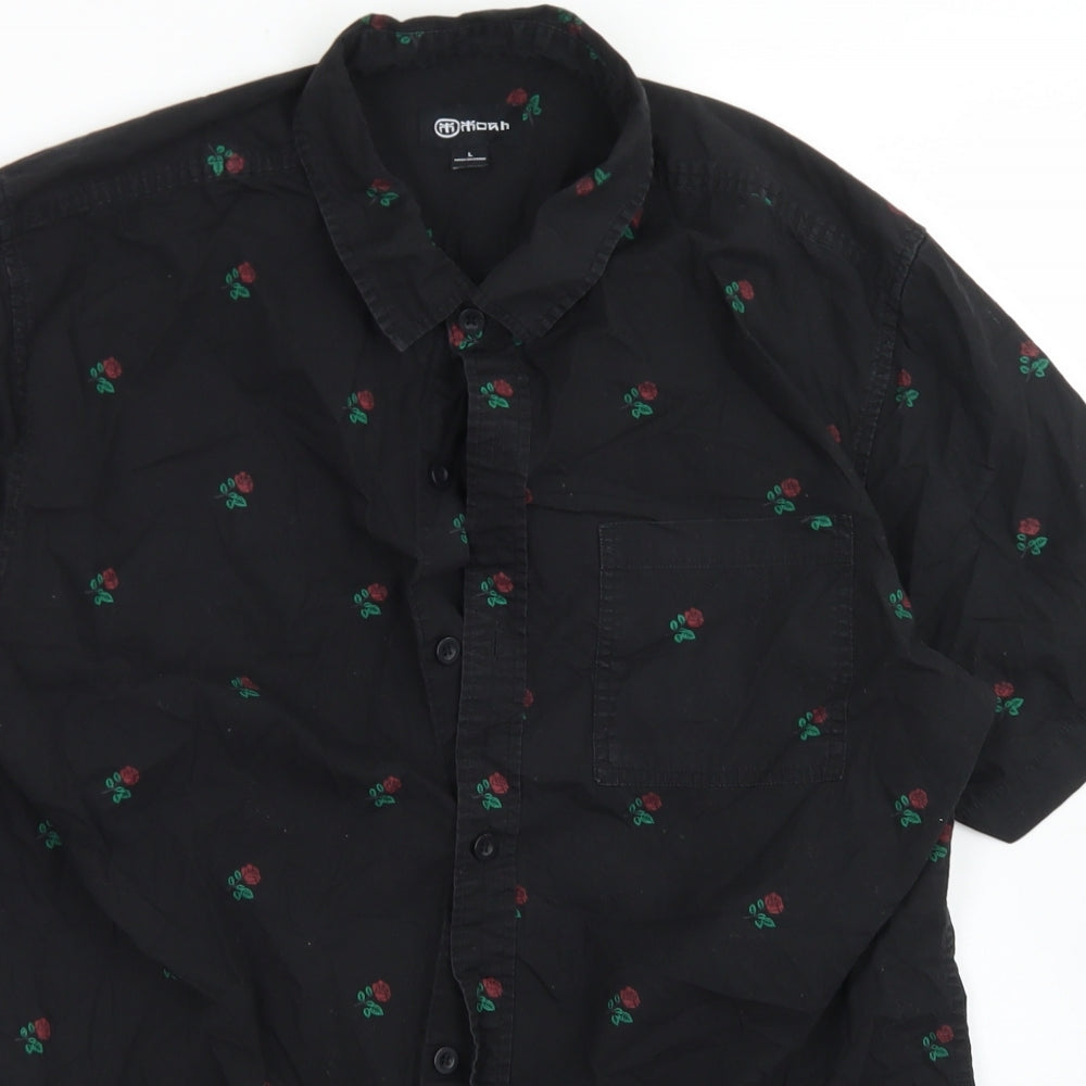 Moah Mens Black Floral Cotton  Button-Up Size L Collared Button