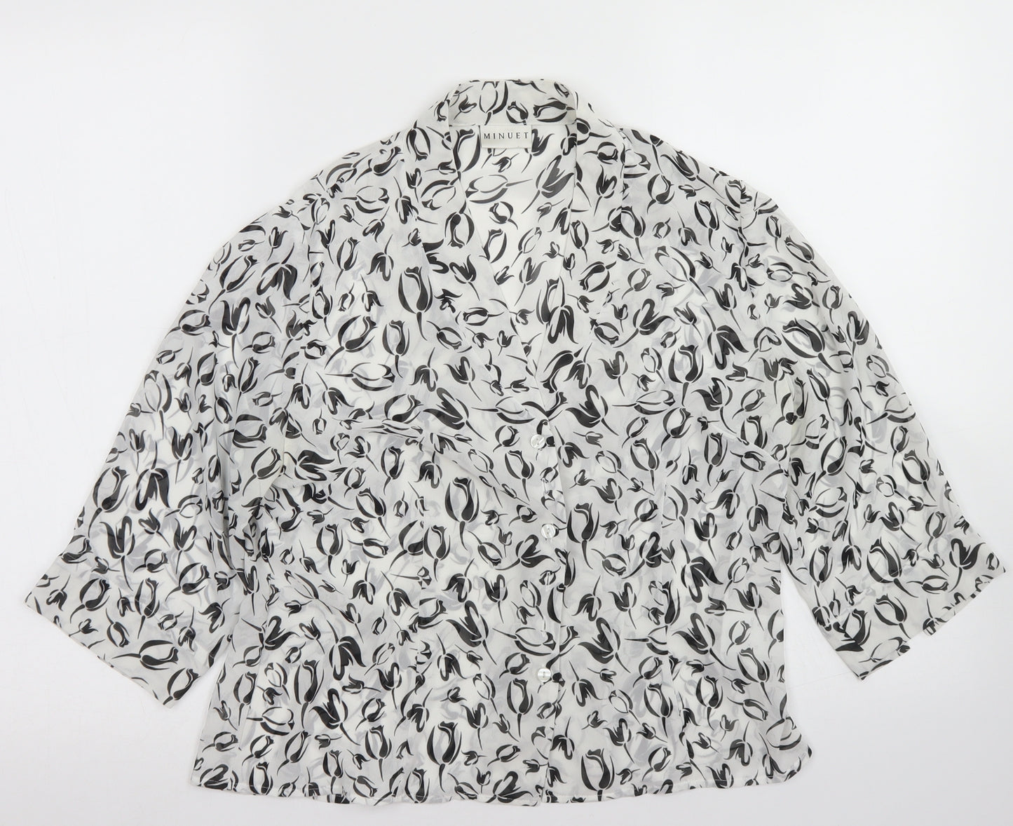 Minuet Womens White Floral Polyester Basic Button-Up Size 12 V-Neck