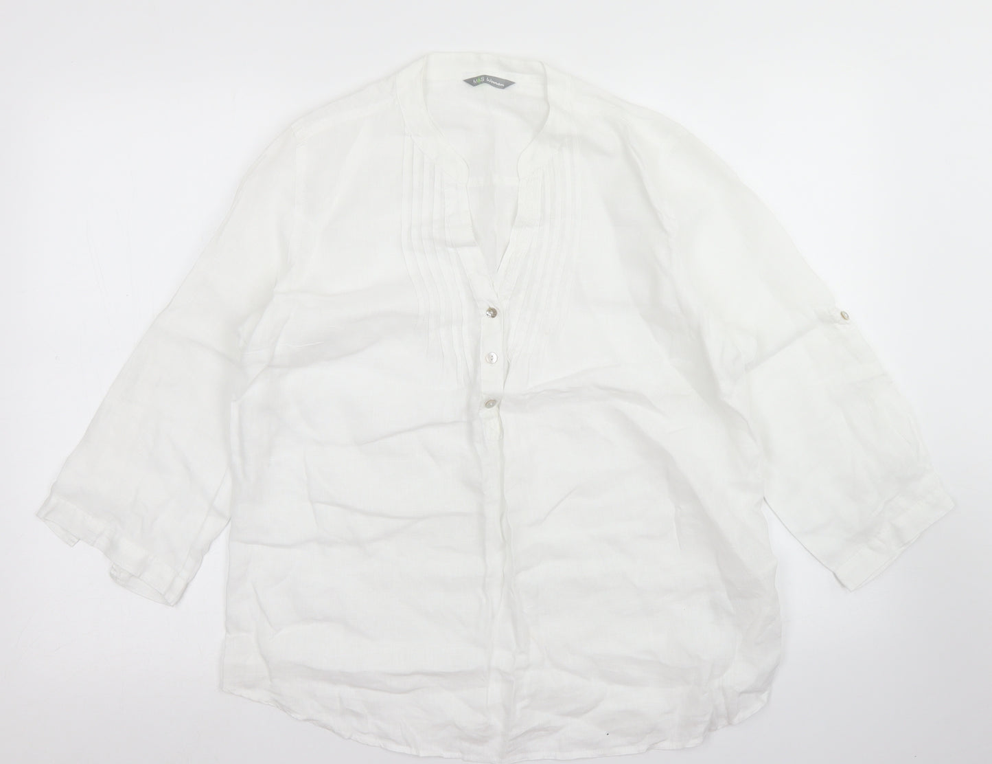 M&S Womens White  Linen Basic Blouse Size 12 Round Neck