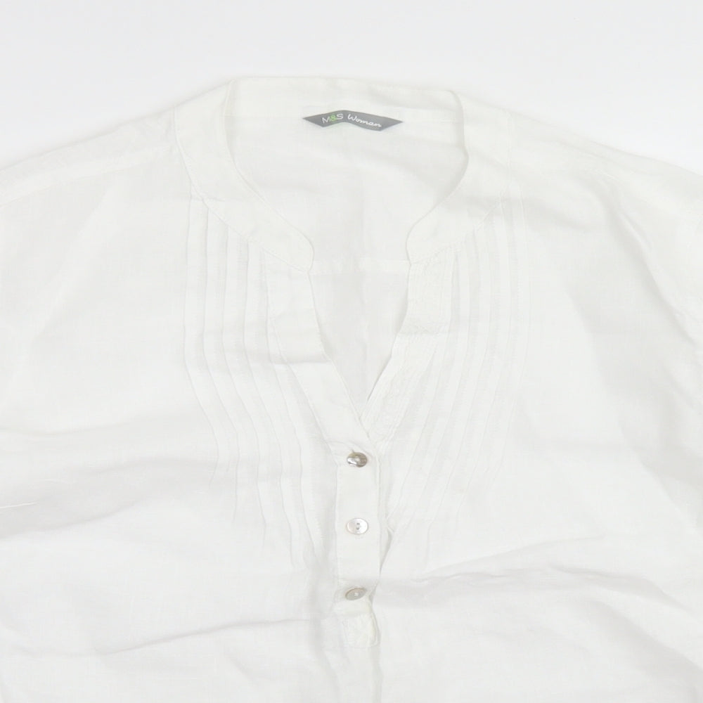 M&S Womens White  Linen Basic Blouse Size 12 Round Neck