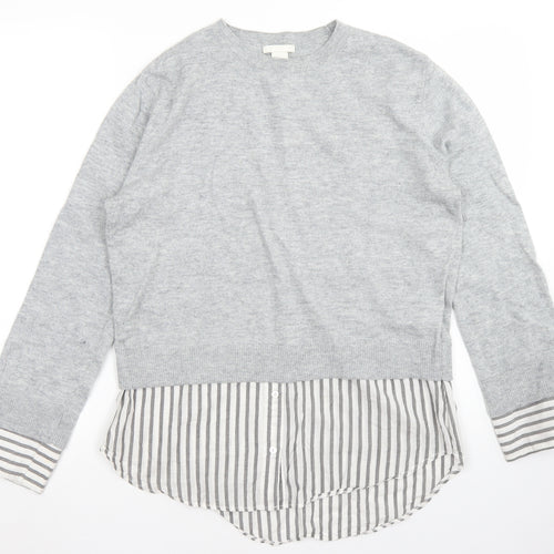 H&M Womens Grey Striped Cotton Basic Blouse Size XS Crew Neck