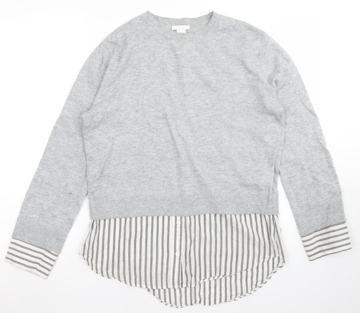 H&M Womens Grey Striped Cotton Basic Blouse Size XS Crew Neck